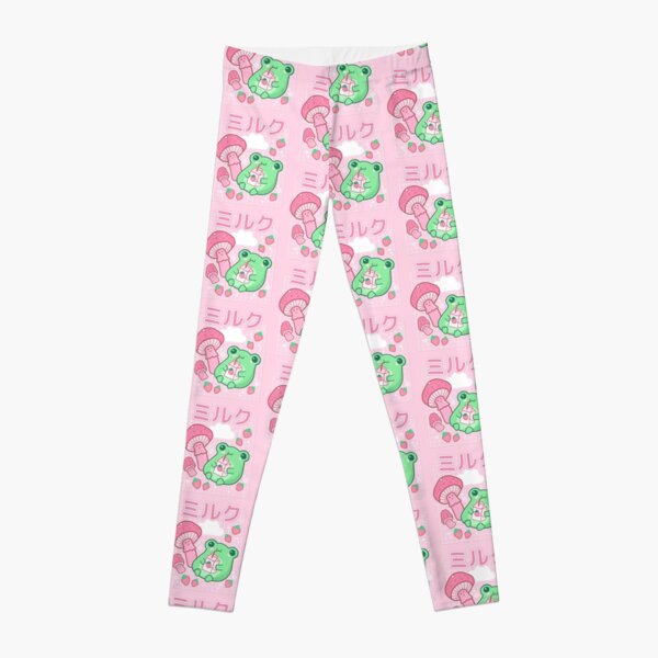 Cute Cottagecore Frog Strawberry Retro 90s Kawaii Aesthetic Y2K - Japanese Pink Fungi Mushrooms - Happy Bubble Milk Froggy - Cyberpunk Wierdcore Pinkish Frogge - Little Things for Teenagers Leggings RB1110 product Offical cyberpunk Merch