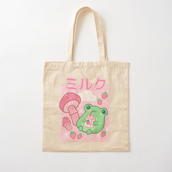 Cute Cottagecore Frog Strawberry Retro 90s Kawaii Aesthetic Y2K - Japanese Pink Fungi Mushrooms - Happy Bubble Milk Froggy - Cyberpunk Wierdcore Pinkish Frogge - Little Things for Teenagers Cotton Tote Bag RB1110 product Offical cyberpunk Merch