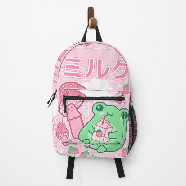 Cute Cottagecore Frog Strawberry Retro 90s Kawaii Aesthetic Y2K - Japanese Pink Fungi Mushrooms - Happy Bubble Milk Froggy - Cyberpunk Wierdcore Pinkish Frogge - Little Things for Teenagers Backpack RB1110 product Offical cyberpunk Merch