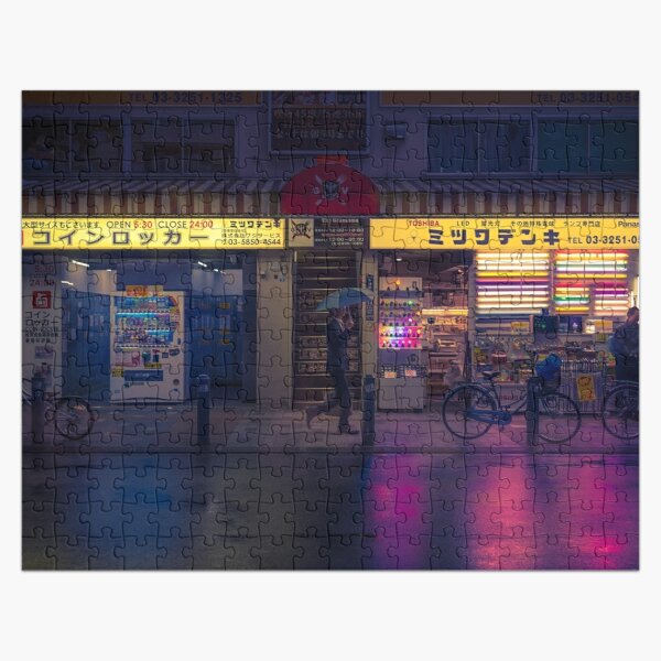 Cyberpunk rain night Yellow and Purple neon sign light reflection Jigsaw Puzzle RB1110 product Offical cyberpunk Merch