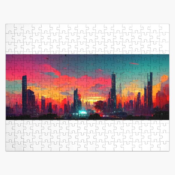 Cyberpunk Sunset Landscape (Vibrant, Unique AI Art) Jigsaw Puzzle RB1110 product Offical cyberpunk Merch