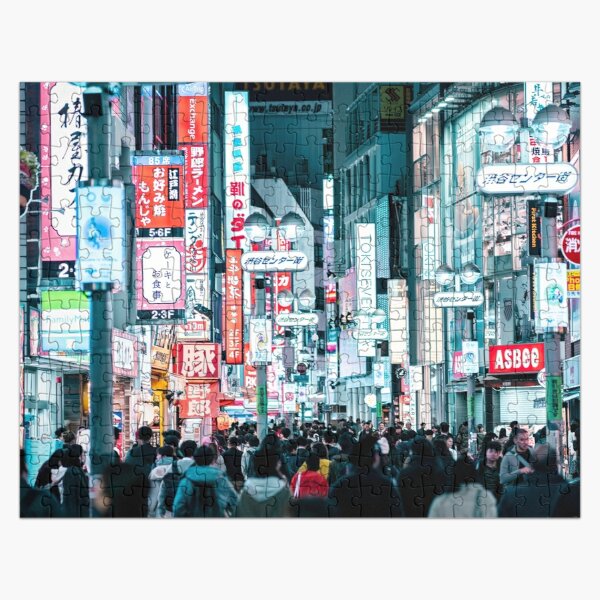 Neon lights in the street of Tokyo, Japan. Futuristic vaporvawe cyberpunk glowing lights of Shibuya. Welcome to the future. Jigsaw Puzzle RB1110 product Offical cyberpunk Merch
